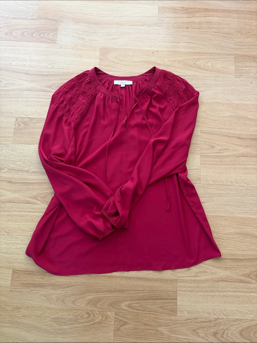 LOFT Smocked Yoke Tie-Neck Blouse - Berry